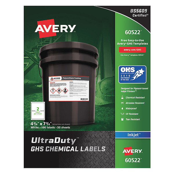 Avery 4-3/4" x 7-3/4" GHS Chemical Labels for Inkjet Printers, 100 labels/50-sheets - 7278260522