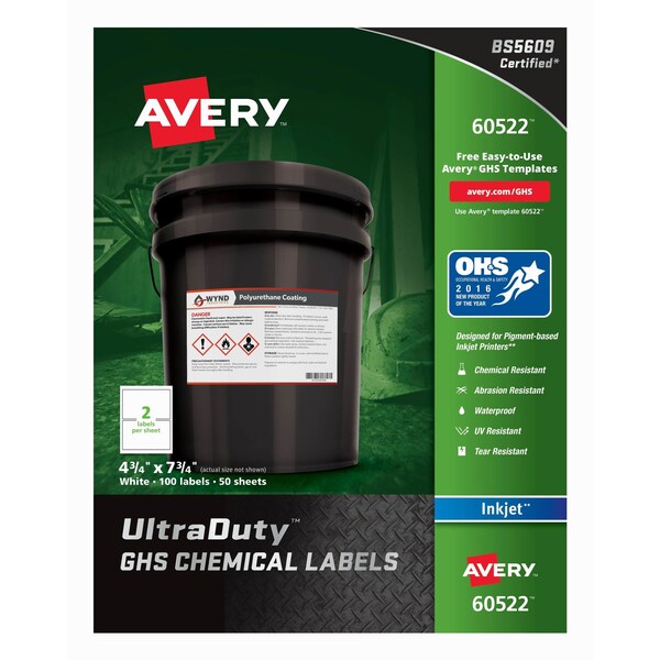 Avery 4-3/4" x 7-3/4" GHS Chemical Labels for Inkjet Printers, 100 labels/50-sheets - 7278260522