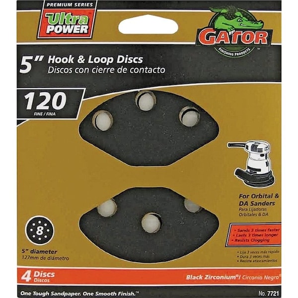 Gator Sanding Disc, 5 in Dia, 120 Grit, Fine, Zirconium Oxide Abrasive, Vented - 7721