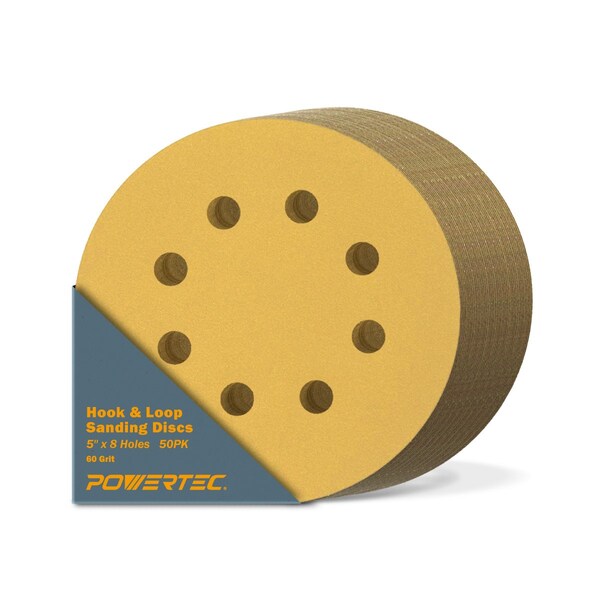 Powertec 5 in. x 8 Holes, 60 Grit, A/O Hook & Loop Sanding Disc, Gold, 50PK - 44006G-50