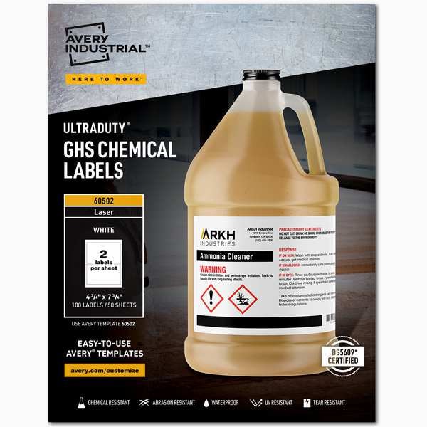 Avery 4-3/4" x 7-3/4" GHS Chemical Labels for Laser Printers, 100 labels/50-sheets - 7278260502