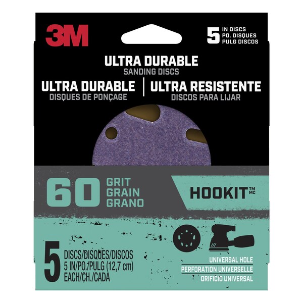 3M Ultra Durable 5 inch Power Sanding Discs, Universal Hole, 60 grit, 5/pk, 20PK - DISC5IN5PK60