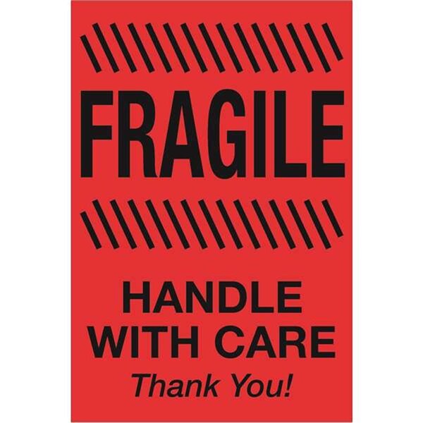 Bondad 2 x 3 in. - Fragile - Handle with Care Fluorescent Red Labels - Roll of 500 - BO3360950