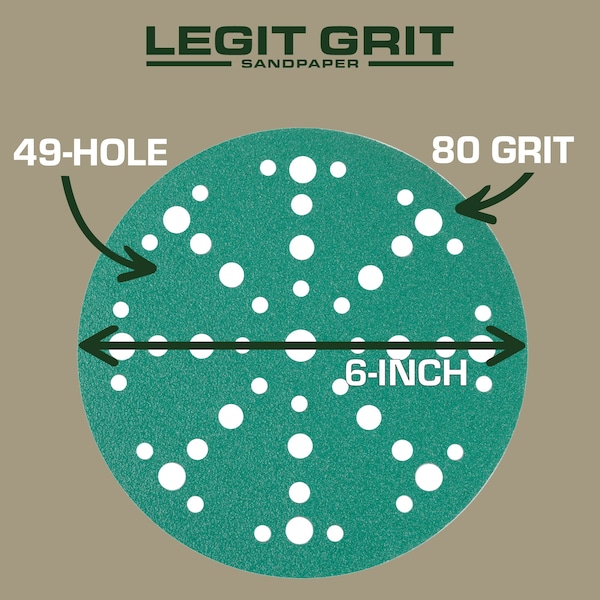 Legit Grit 6 inch Sand paper Disc, 49-Hole, 80 Grit, 50PK - LG6-4980-50