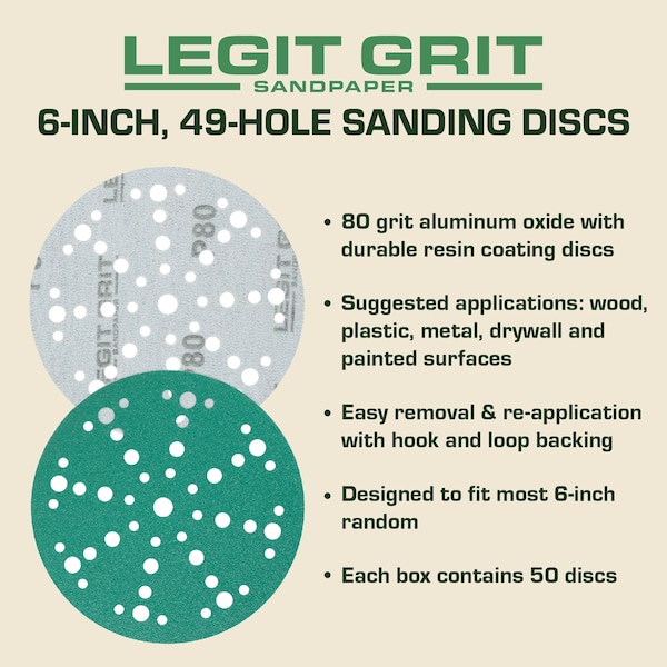 Legit Grit 6 inch Sand paper Disc, 49-Hole, 80 Grit, 50PK - LG6-4980-50