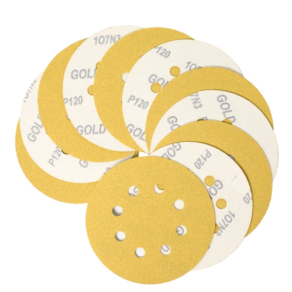 Cgw Abrasives Sndng Dsc, Hook-and-Loop, 5, 80G, 8VAC, Gld, 5" Dia, 8 Hole, Aluminum Oxide, P80 Grit - 49987