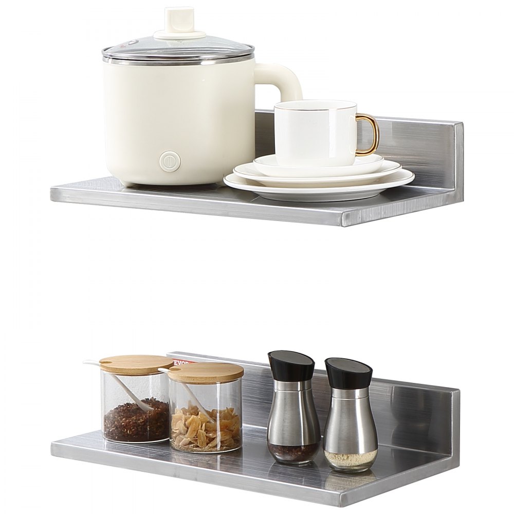 VEVOR 8.6" x 16" Stainless Steel Shelf, Wall Mounted Floating Shelving with Backsplash, 44 lbs Load Capacity Commercial Shelves, Heavy Duty Storage Rack for Restaurant, Kitchen, Bar, Home, and Hotel (2 Packs) - BGSCTTLL86162MWQSV0