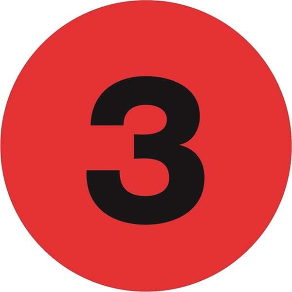 Bondad 4 in. Circle - 3 Fluorescent Red Number Labels - Roll of 500 - BO3350416