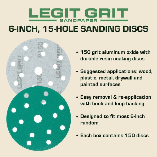 Legit Grit 6 inch Sand paper Disc, 15-Hole, 150 Grit, 150PK - LG6-15150-150