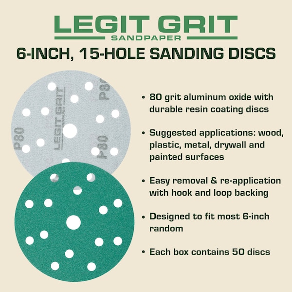 Legit Grit 6 inch Sand paper Disc, 15-Hole, 80 Grit, 50PK - LG6-1580-50