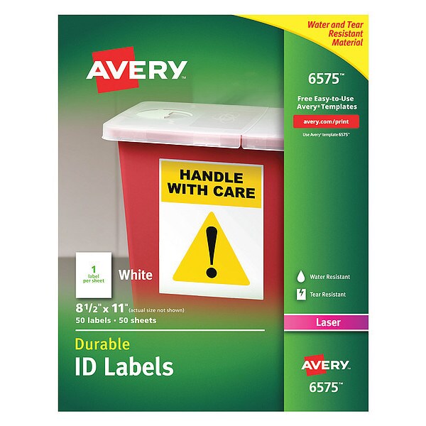 Avery Avery White Permanent Durable ID Labels for Laser Printers 6575, 8-1/2" x 11", Box of 50 - 7278206575