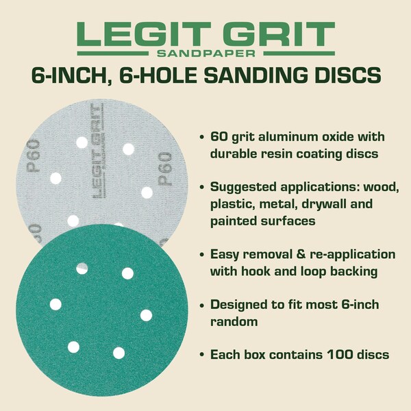 Legit Grit 6 inch Sand paper Disc, 6-Hole, 60 Grit, 100PK - LG6-660-100