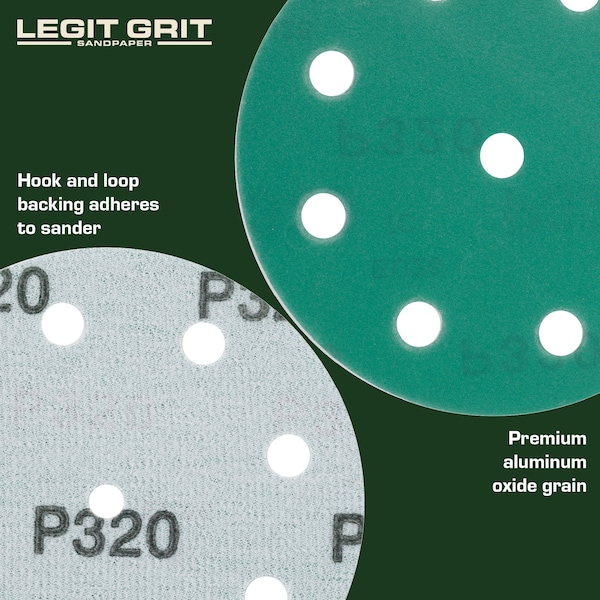 Legit Grit 5 inch Sand paper Disc, 9-Hole, 320 Grit, 100PK - LG5-9320-100