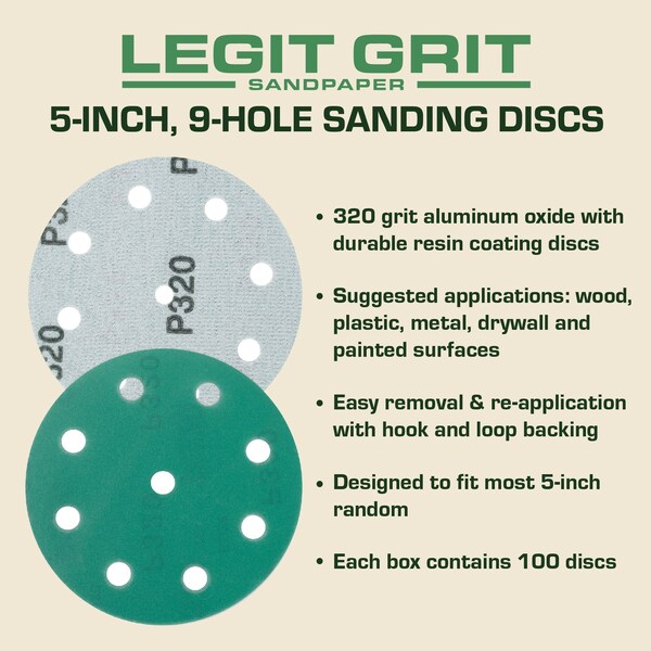 Legit Grit 5 inch Sand paper Disc, 9-Hole, 320 Grit, 100PK - LG5-9320-100