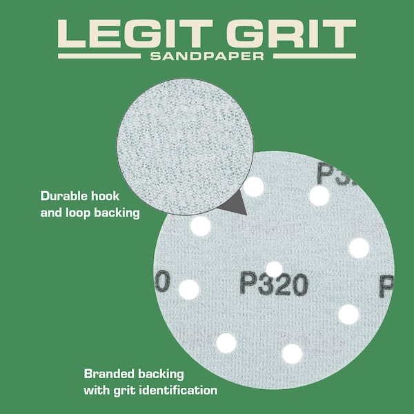 Legit Grit 5 inch Sand paper Disc, 9-Hole, 320 Grit, 100PK - LG5-9320-100