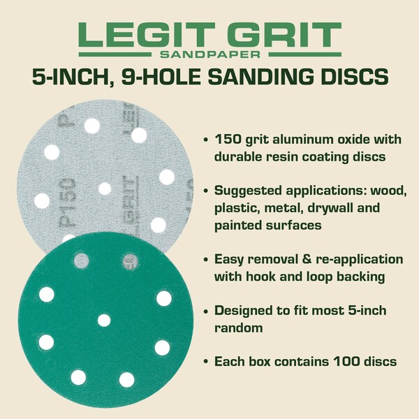 Legit Grit 5 inch Sand paper Disc, 9-Hole, 150 Grit, 100PK - LG5-9150-100