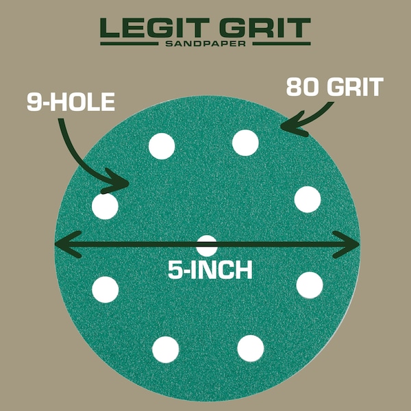 Legit Grit 5 inch Sand paper Disc, 9-Hole, 80 Grit, 100PK - LG5-980-100