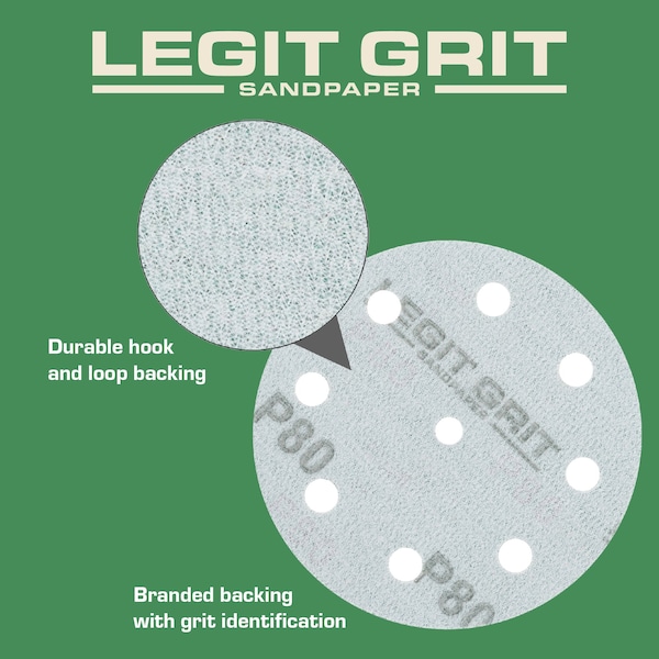 Legit Grit 5 inch Sand paper Disc, 9-Hole, 80 Grit, 100PK - LG5-980-100