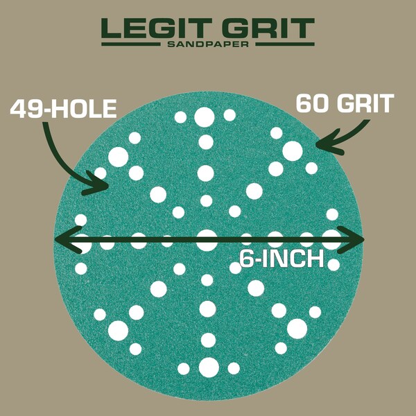 Legit Grit 6 inch Sand paper Disc, 49-Hole, 60 Grit, 150PK - LG6-4960-150