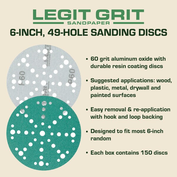 Legit Grit 6 inch Sand paper Disc, 49-Hole, 60 Grit, 150PK - LG6-4960-150