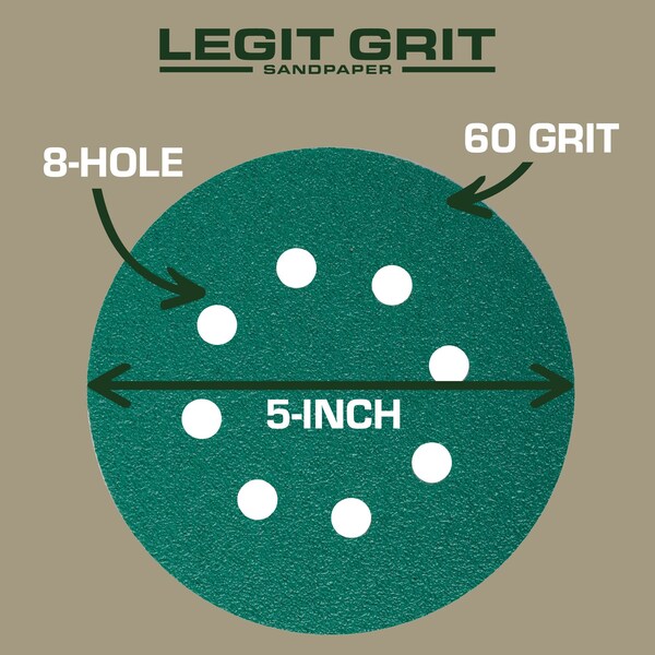 Legit Grit 5 inch Sand paper Disc, 8-Hole, 60 Grit, 50PK - LG5-860-50