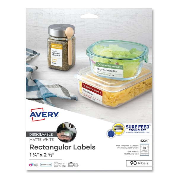 Avery White Dissolvable Labels w/ Sure Feed, 1 1/4 x 2 3/8, White, PK90 - 04224