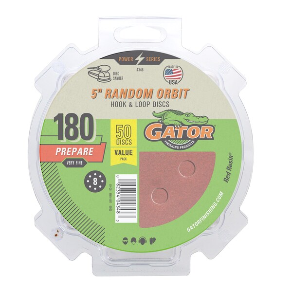 Gator Finishing 5" Red Resin Random Orbit Sander Hook and Loop Discs, 180 Very Fine Grit Prepare - 4348