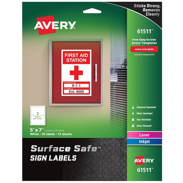 Avery Surface Safe Removable Label Safety Sign, Inkjet/Laser, 5x7, Wht, PK30 - 61511