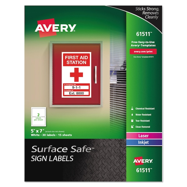 Avery Surface Safe Removable Label Safety Sign, Inkjet/Laser, 5x7, Wht, PK30 - 61511