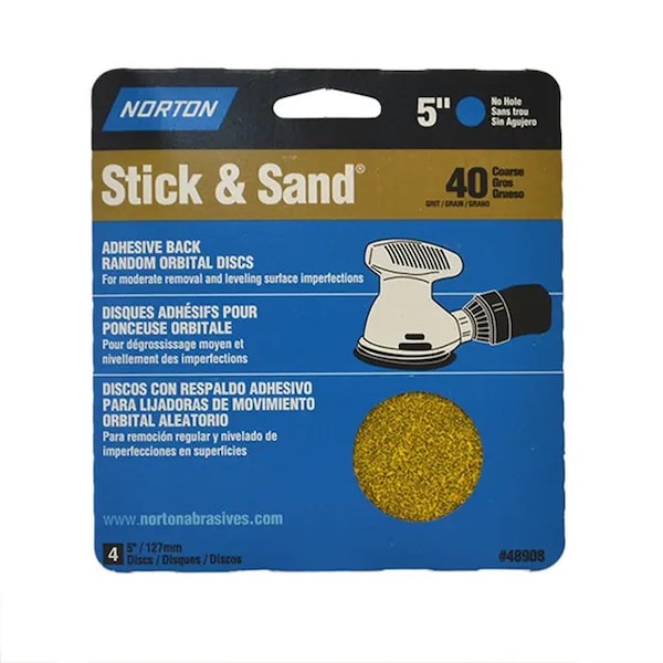 Norton Co 5" Stick & Sand No-Hole PSA Sanding Disc 40-Grit, PK 4 - 48908
