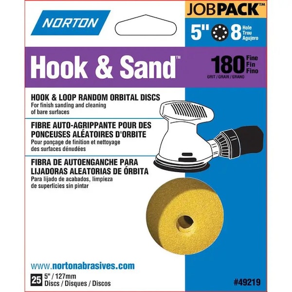 Norton Co 5" Hook & Sand 8-Hole Sanding Disc, P180-Grit, PK 25 - 49219