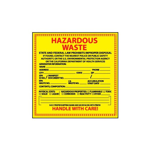 National Marker Co Hazardous Waste Vinyl Labels - State of California - HW15