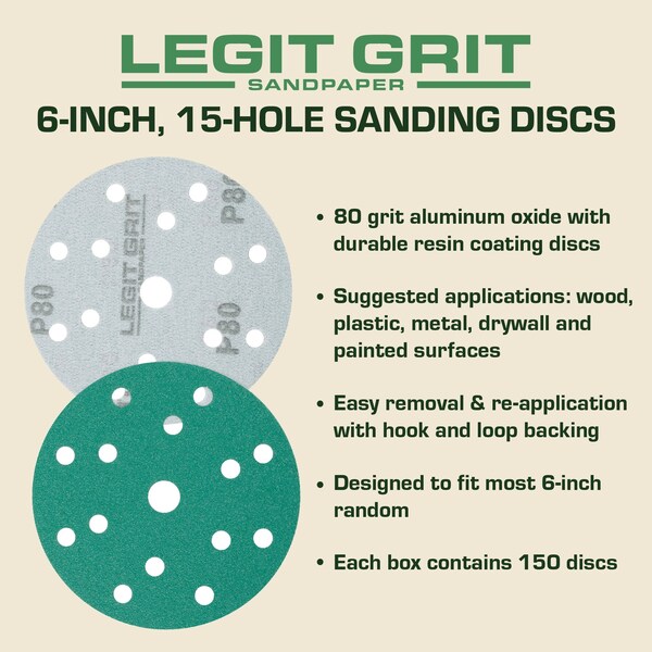 Legit Grit 6 inch Sand paper Disc, 15-Hole, 80 Grit, 150PK - LG6-1580-150