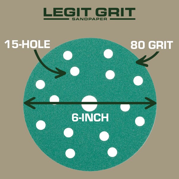 Legit Grit 6 inch Sand paper Disc, 15-Hole, 80 Grit, 150PK - LG6-1580-150
