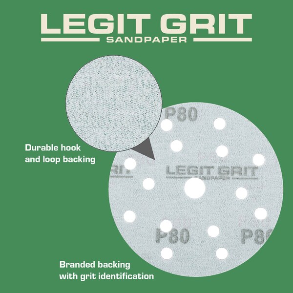 Legit Grit 6 inch Sand paper Disc, 15-Hole, 80 Grit, 150PK - LG6-1580-150