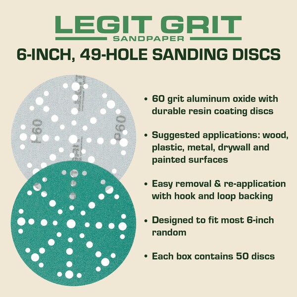 Legit Grit 6 inch Sand paper Disc, 49-Hole, 60 Grit, 50PK - LG6-4960-50