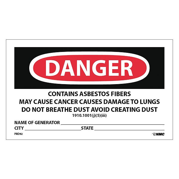 Nmc Danger Contains Asbestos Fibers Hazard Warning Label - PRD92