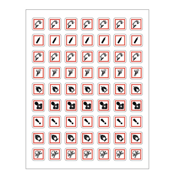 Nevs GHS Pictogram Label - All 9 Icons w/Laminate 7/8" x 7/8" Sheeted - GHS-11-ASST