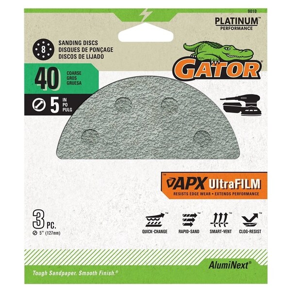 Gator Sanding Disc, 5 in Dia, 40 Grit, Coarse, Aluminum Oxide Abrasive, 8-Hole - 9010