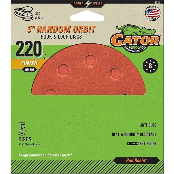 Gator Sanding Disc, 5 in Dia, 220 Grit, Extra Fine, Aluminum Oxide Abrasive, Vented - 3721