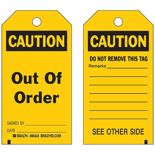 Brady Caut Tag, 5-3/4 x 3 In, Bk/Yel, PK100 - 86653