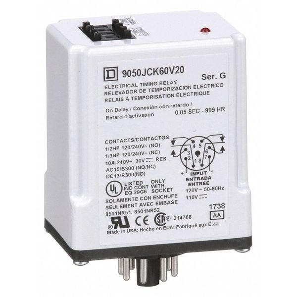 Schneider Electric Retardo de Tiempo Rlay, 120VCA, 10A, DPDT, 0.05 seg. - 9050JCK60V20