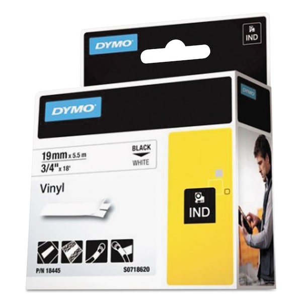 Dymo Rhino Permanent Vinyl Industrial Label Tape, 0.75" x 18 ft, White/Black Print - 18445