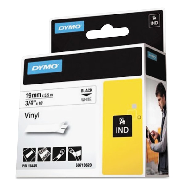 Dymo Rhino Permanent Vinyl Industrial Label Tape, 0.75" x 18 ft, White/Black Print - 18445