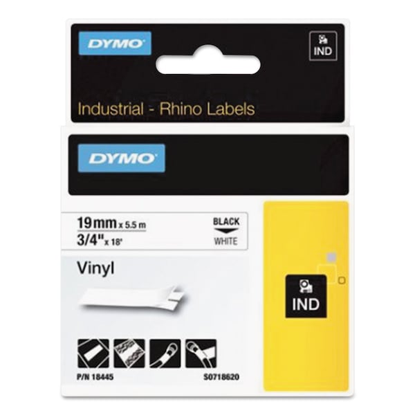 Dymo Rhino Permanent Vinyl Industrial Label Tape, 0.75" x 18 ft, White/Black Print - 18445