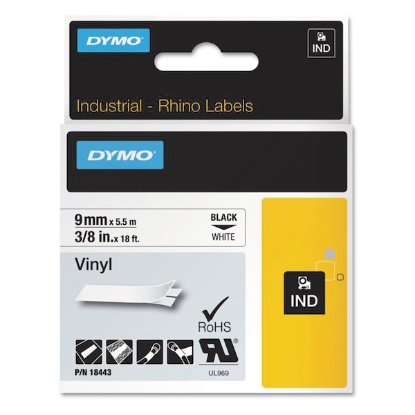 Dymo Rhino Permanent Vinyl Industrial Label Tape, 0.37x18 ft, Wht/Blk Print - 18443