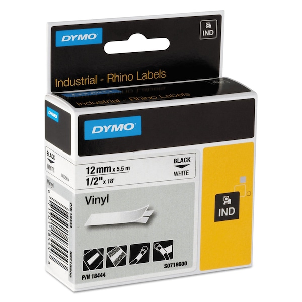 Dymo Rhino Perm Vinyl Industrial Label Tape, 0.5x18 ft, White/Black Print - 18444