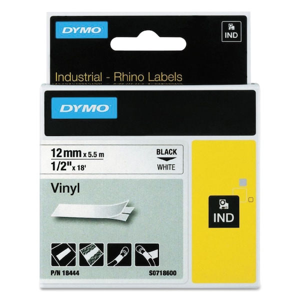 Dymo Rhino Perm Vinyl Industrial Label Tape, 0.5x18 ft, White/Black Print - 18444