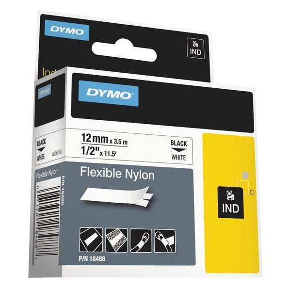 Dymo Rhino Flexible Nylon Industrial Label Tape, 0.5" x 11.5 ft, White/Black Print - 18488