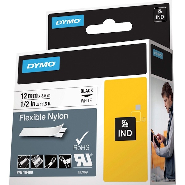 Dymo Rhino Flexible Nylon Industrial Label Tape, 0.5" x 11.5 ft, White/Black Print - 18488